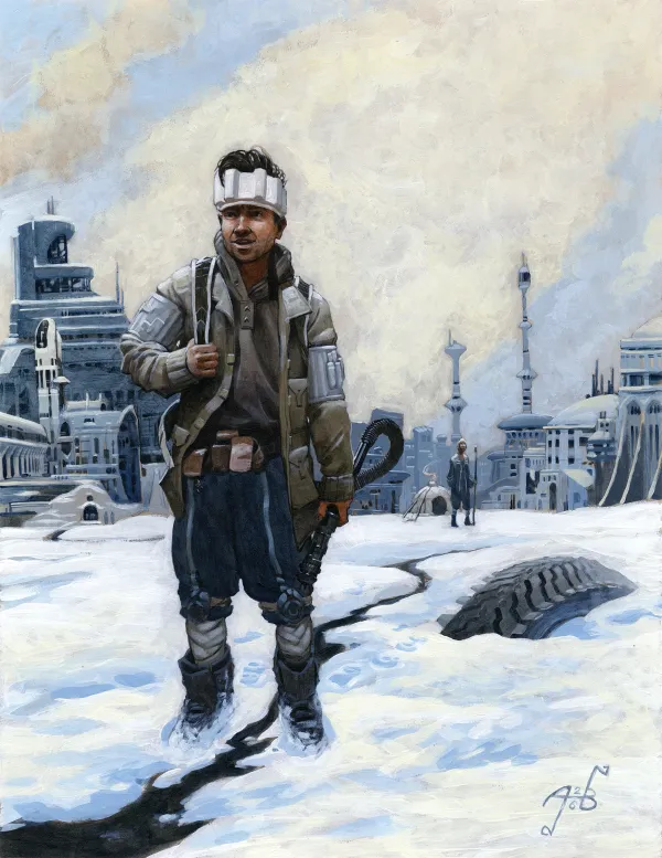 A sci-fi city with a futuristic technician standing in the foreground holding a metallic tool.