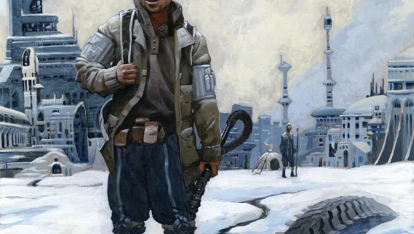A sci-fi city with a futuristic technician standing in the foreground holding a metallic tool.