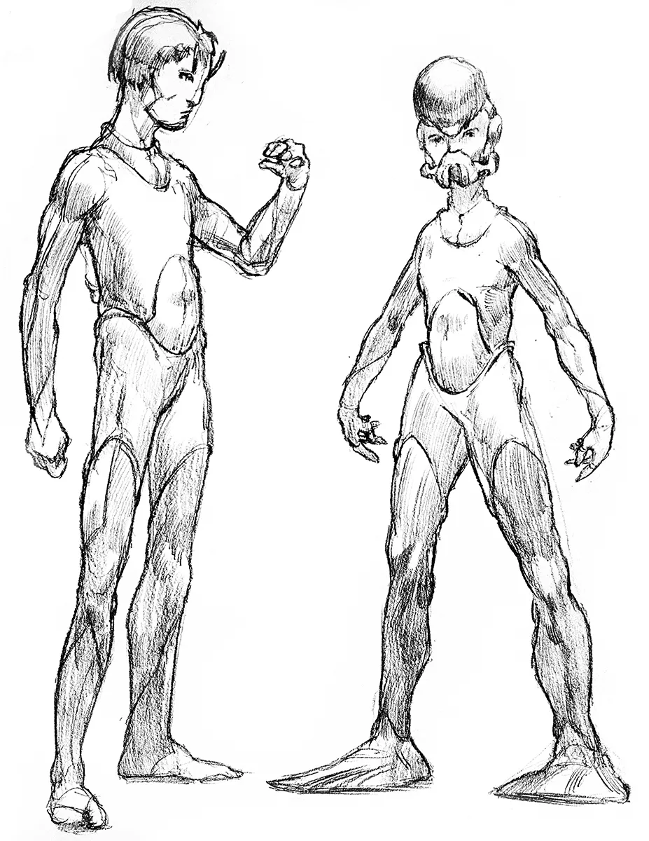 Character sketches of ant-human hybrid inhabitants in sleek wetsuits with sonar forehead devices and antennae.