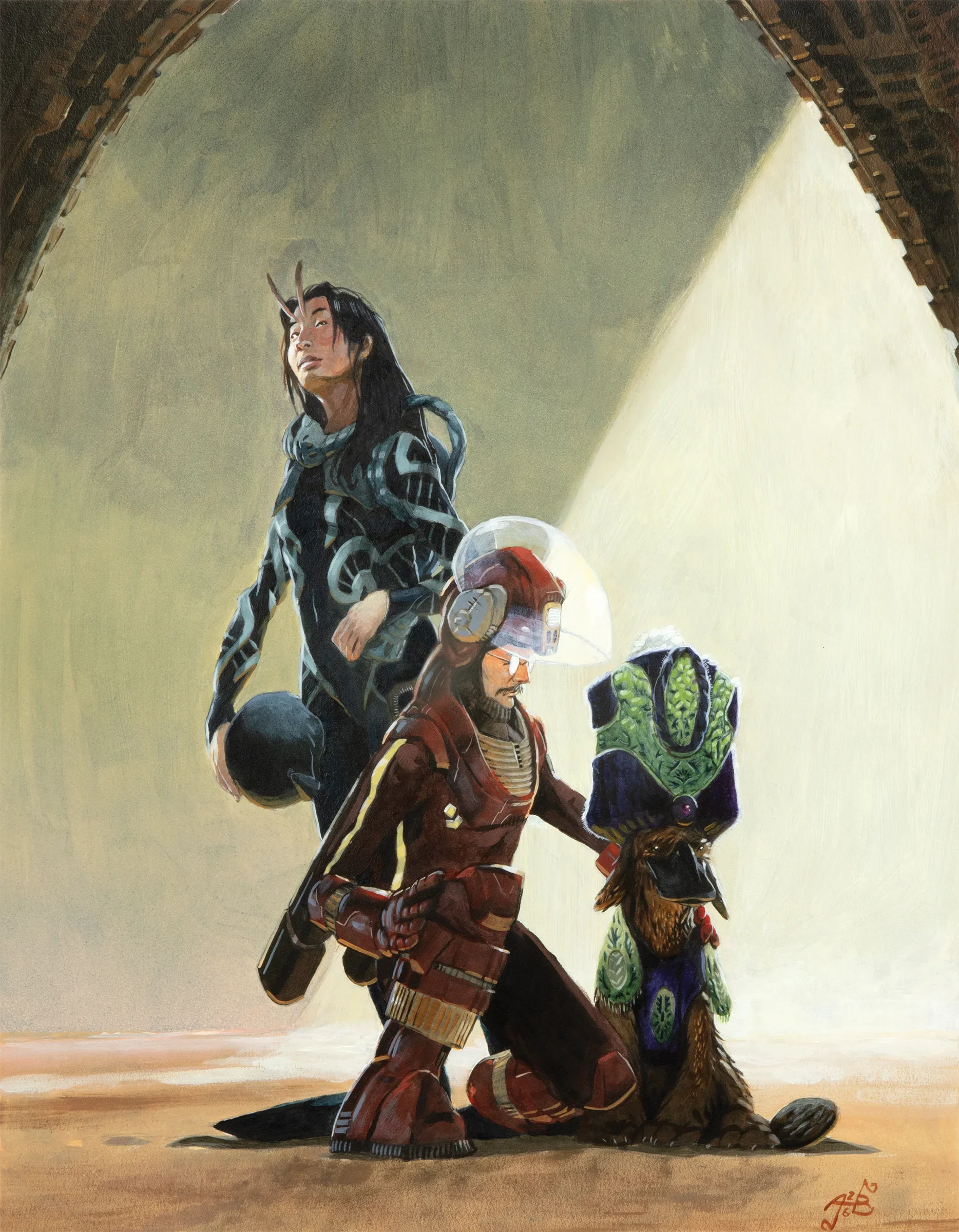 Three figures. A standing female figure in a fantasy wetsuit, holding a round helmet. She has antennae sprouting from between her eyes. A man with glasses in a red futuristic diving suit kneels and pets a dog with a platypus-like face wearing a tall hat.