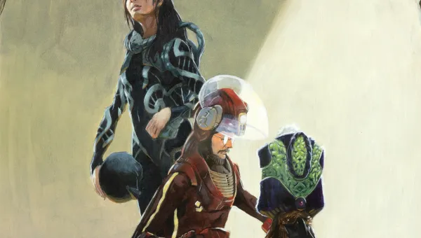 Three figures. A standing female figure in a fantasy wetsuit, holding a round helmet. She has antennae sprouting from between her eyes. A man with glasses in a red futuristic diving suit kneels and pets a dog with a platypus-like face wearing a tall hat.
