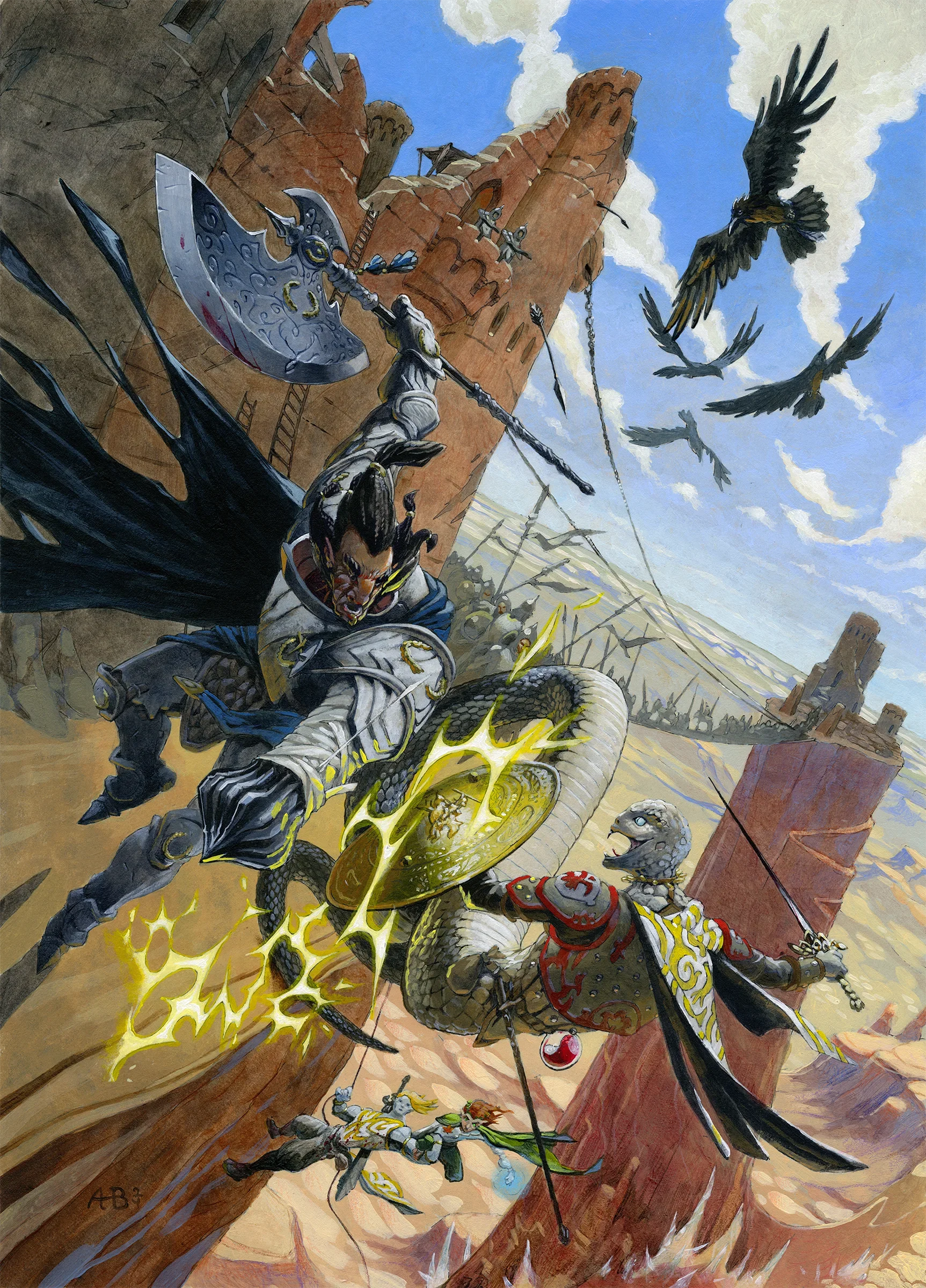 A fierce armored warrior wielding a double-edged axe engages a snake-like creature in armor.