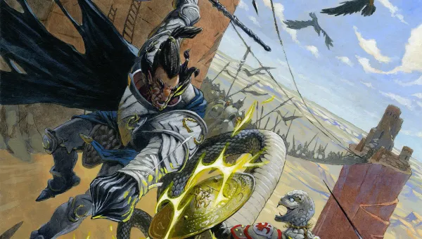 A fierce armored warrior wielding a double-edged axe engages a snake-like creature in armor.