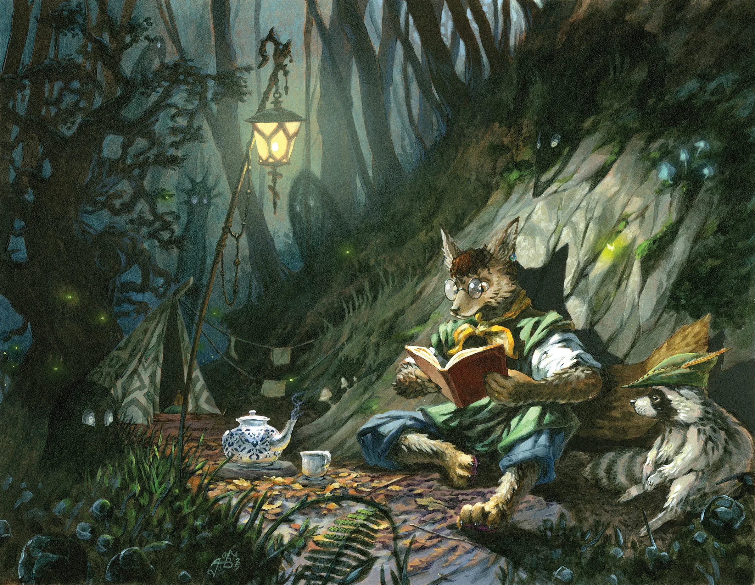 A mystical forest scene where an anthropomorphic coyote reads to a raccoon.