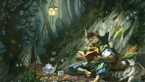 A mystical forest scene where an anthropomorphic coyote reads to a raccoon.