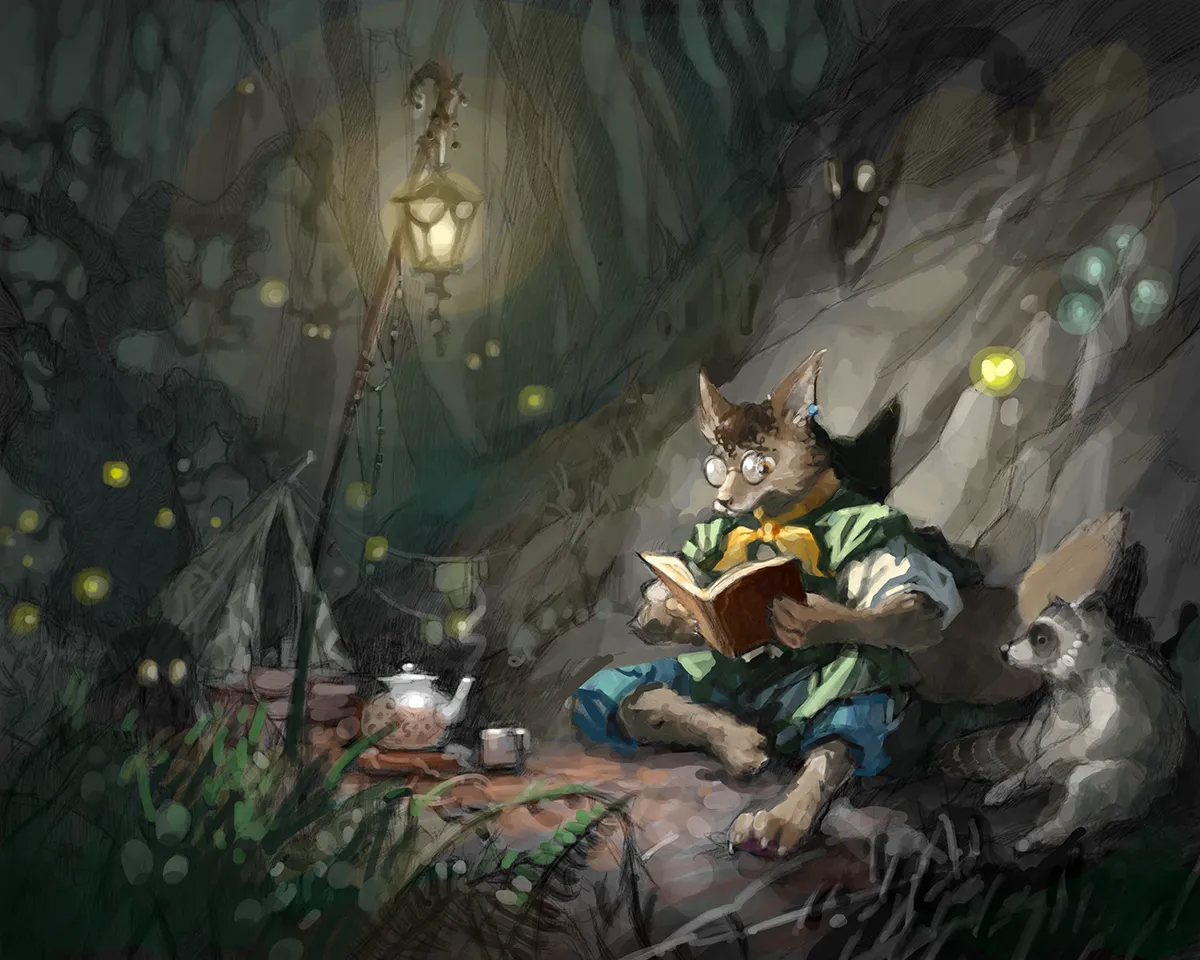 Tight digital color sketch of the coyote reading to a raccoon by lantern light.