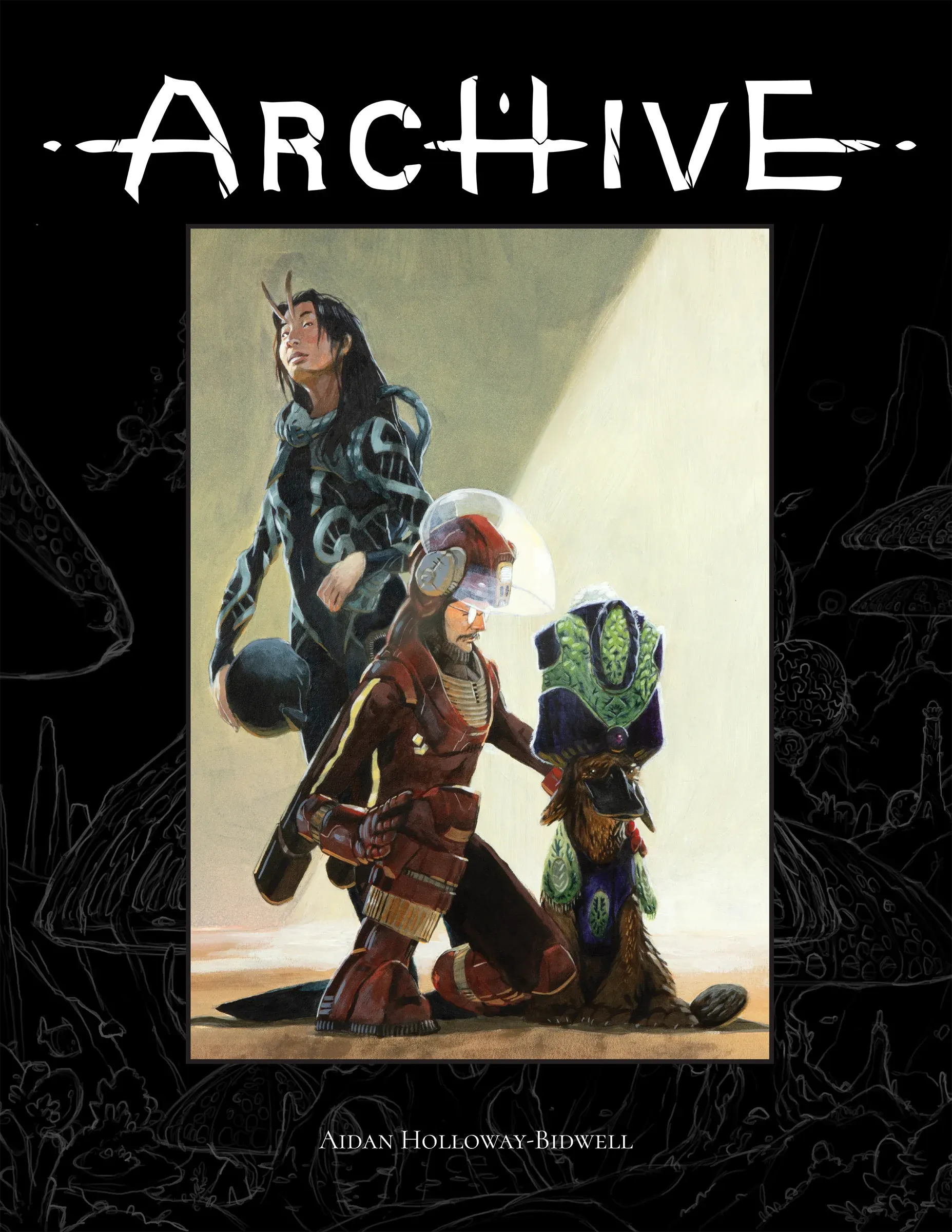 Cover ArcHive. Featuring an illustration with 3 futuristic characters and a thick black border.
