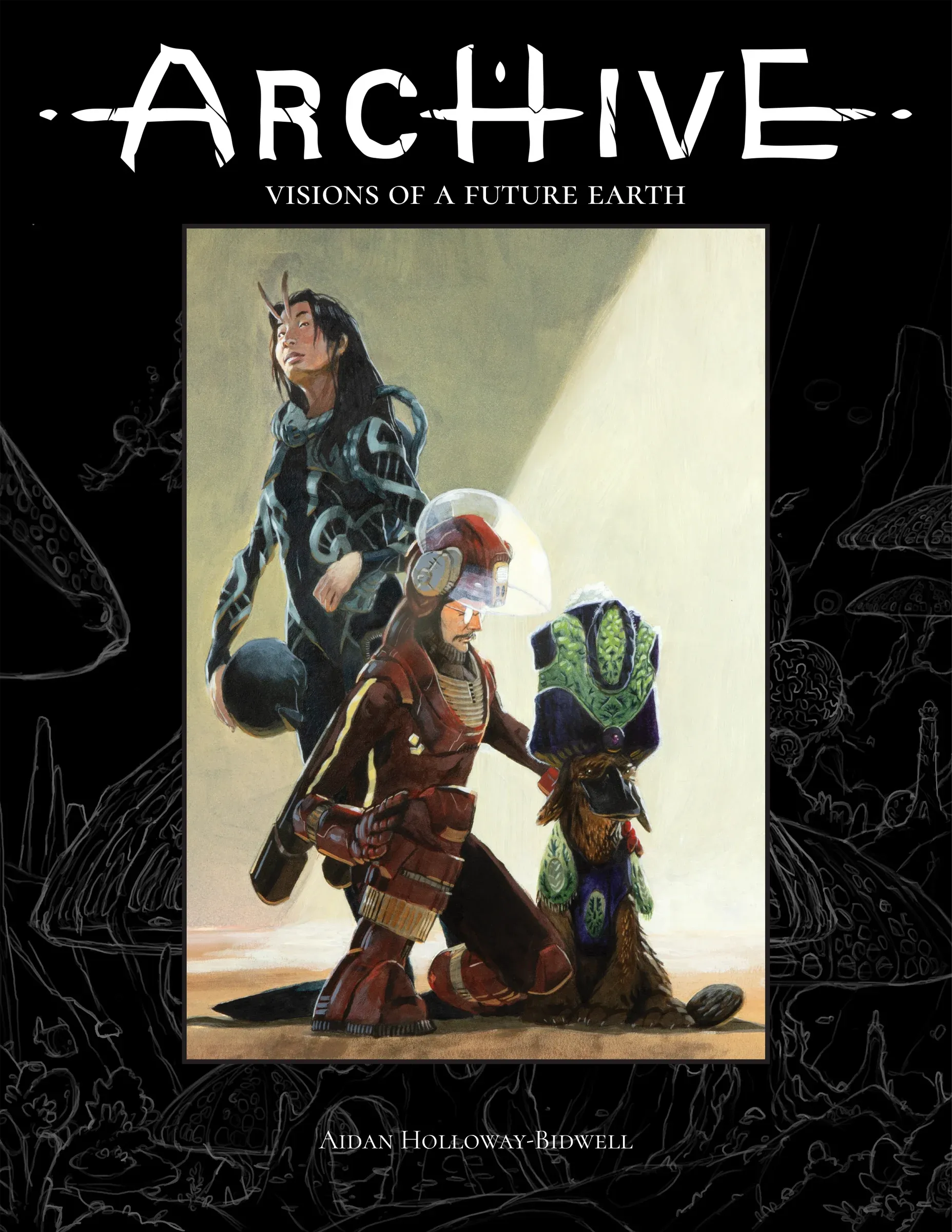 Cover ArcHive. Featuring an illustration with 3 futuristic characters and a thick black border.