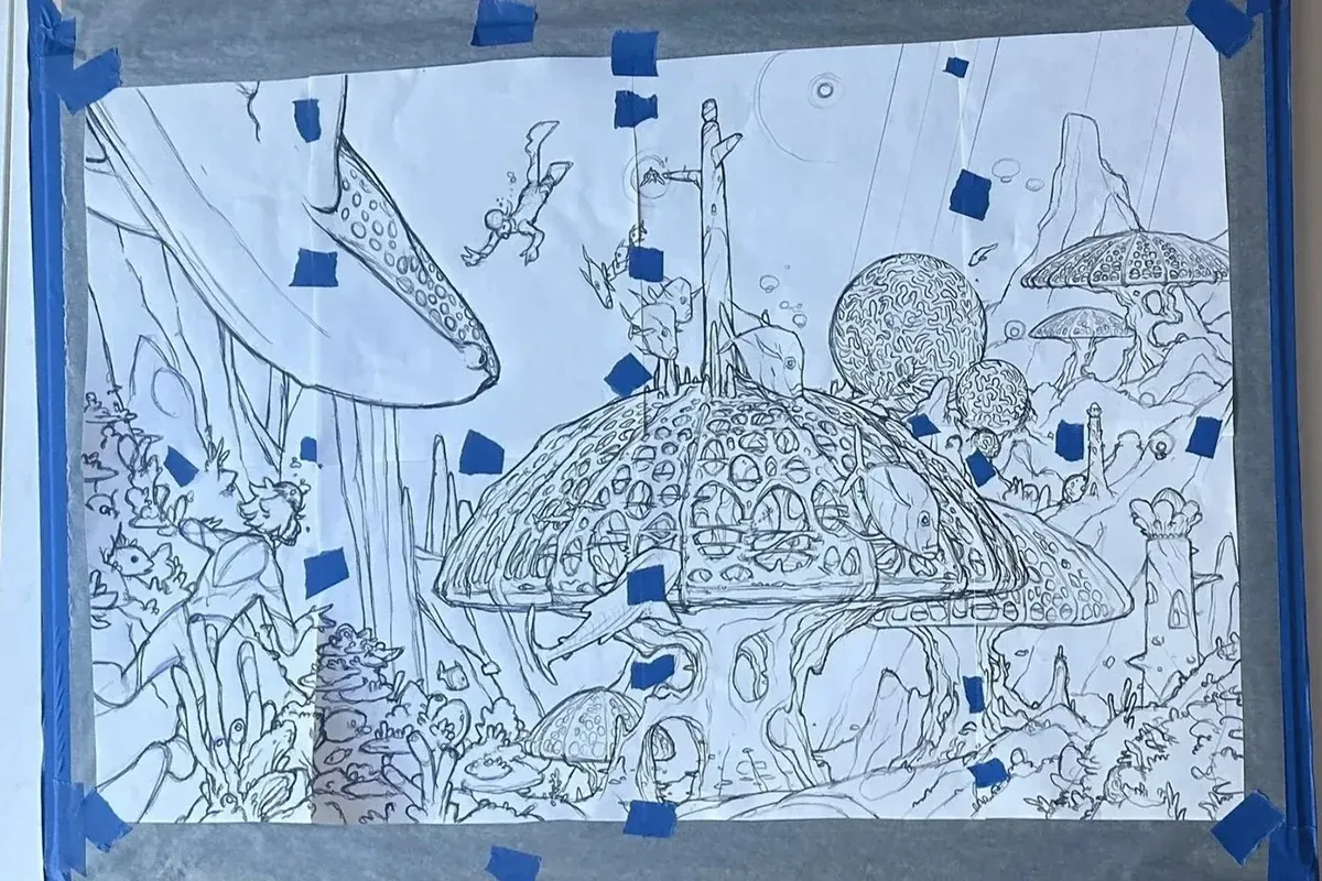 The line drawing transferred to illustration board in graphite and inked in technical pen.
