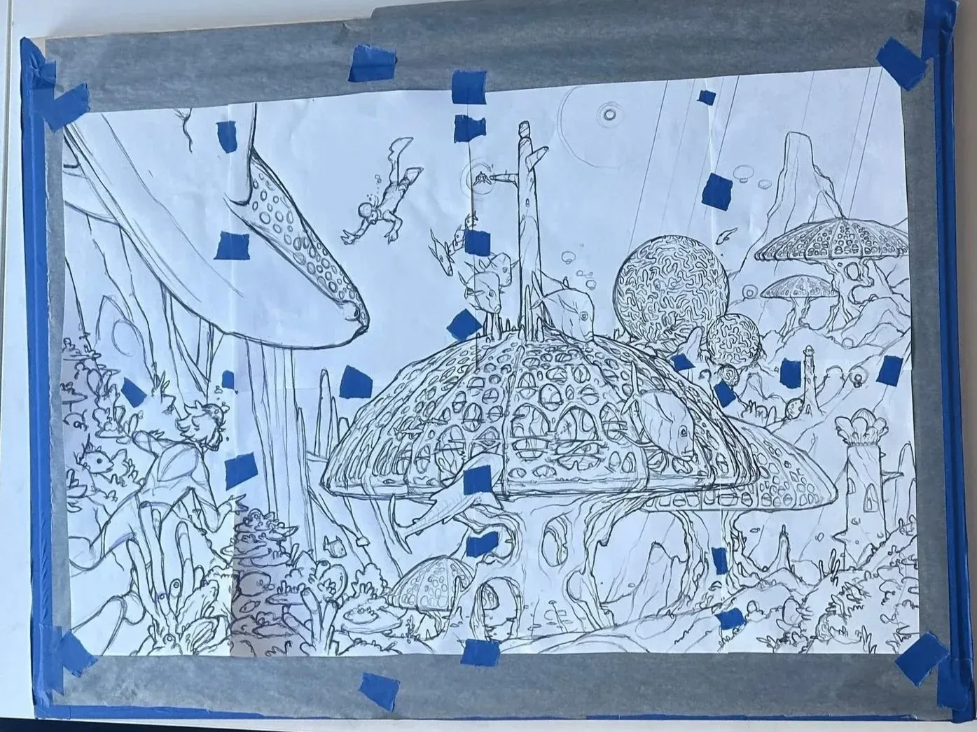 The line drawing transferred to illustration board in graphite and inked in technical pen.