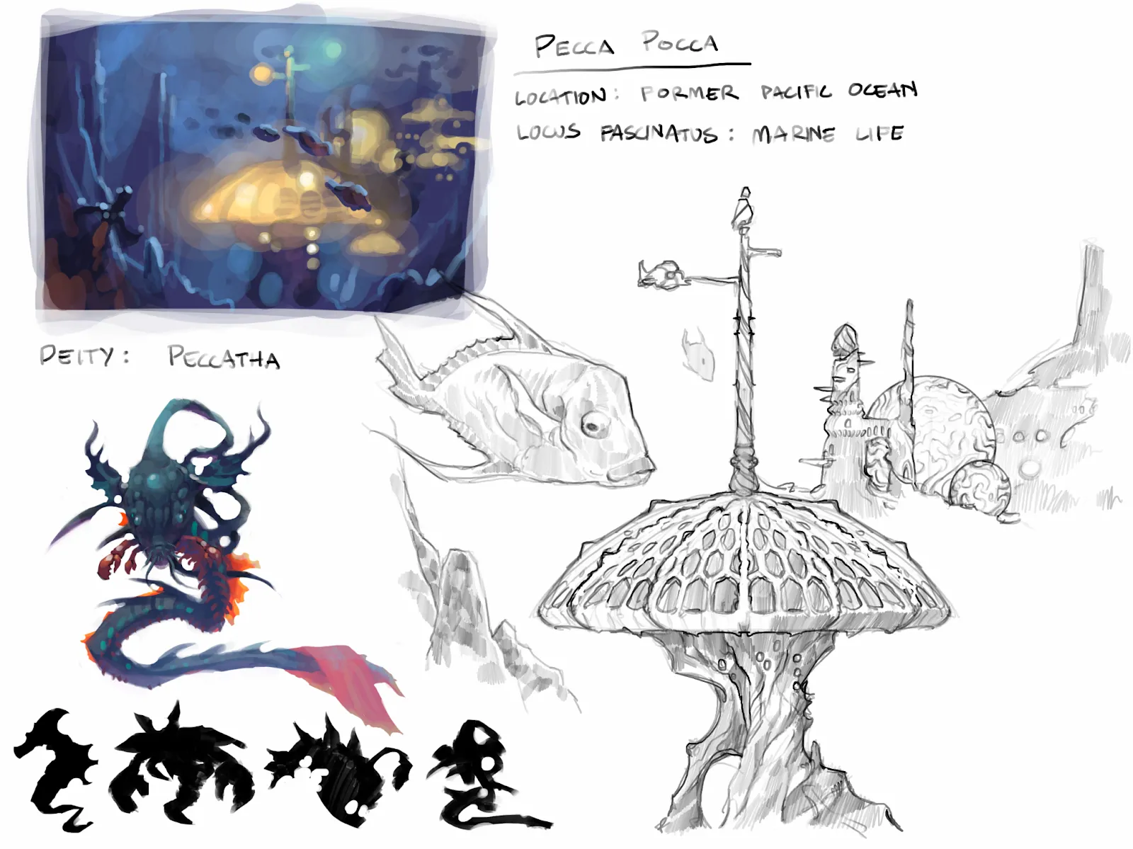 Early iPad ideation sketches of the temple structure, fish, and a deity figure.