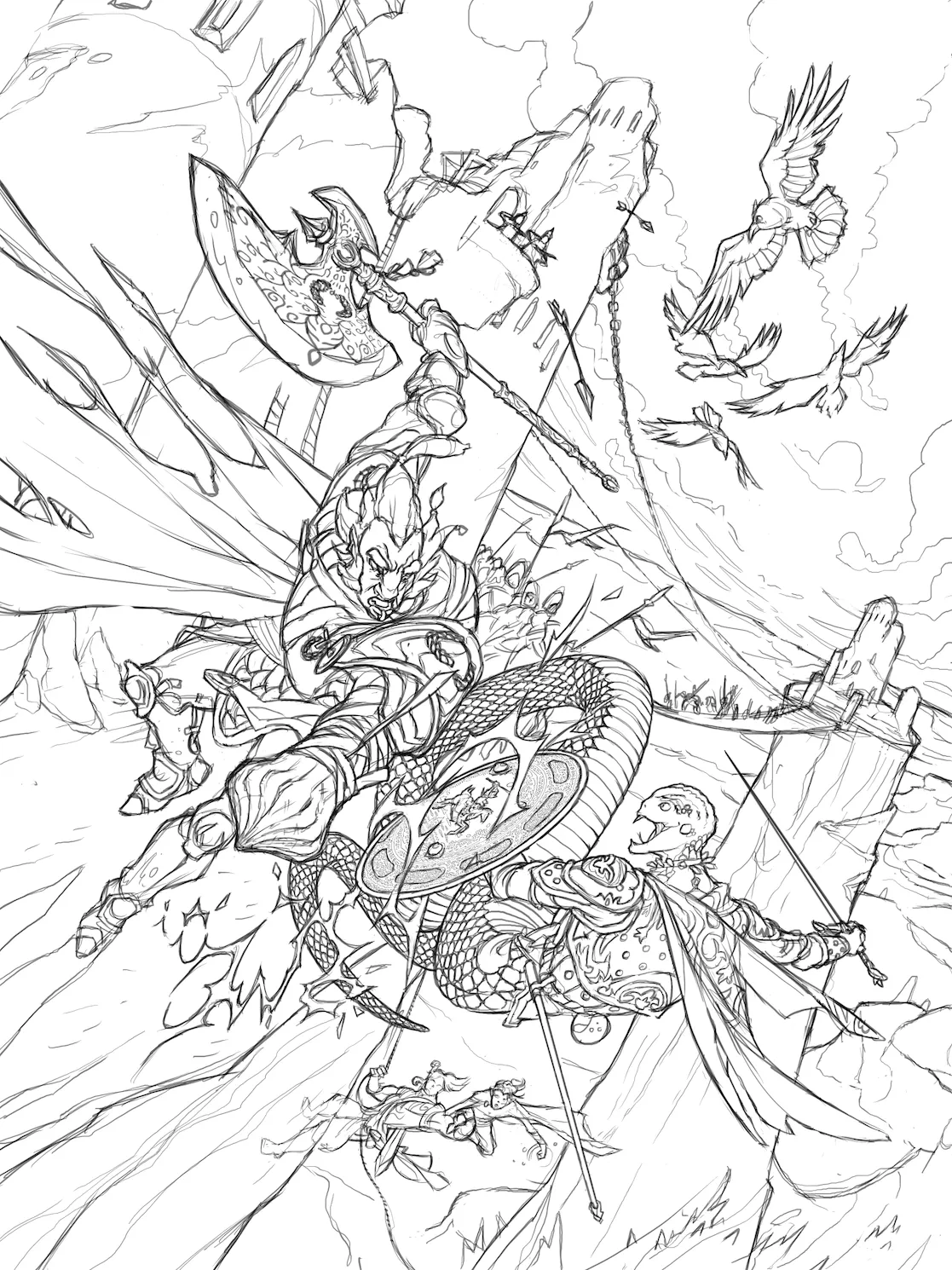 A detailed fantasy battle scene featuring warriors and flying birds, set against a castle and mountainous background.