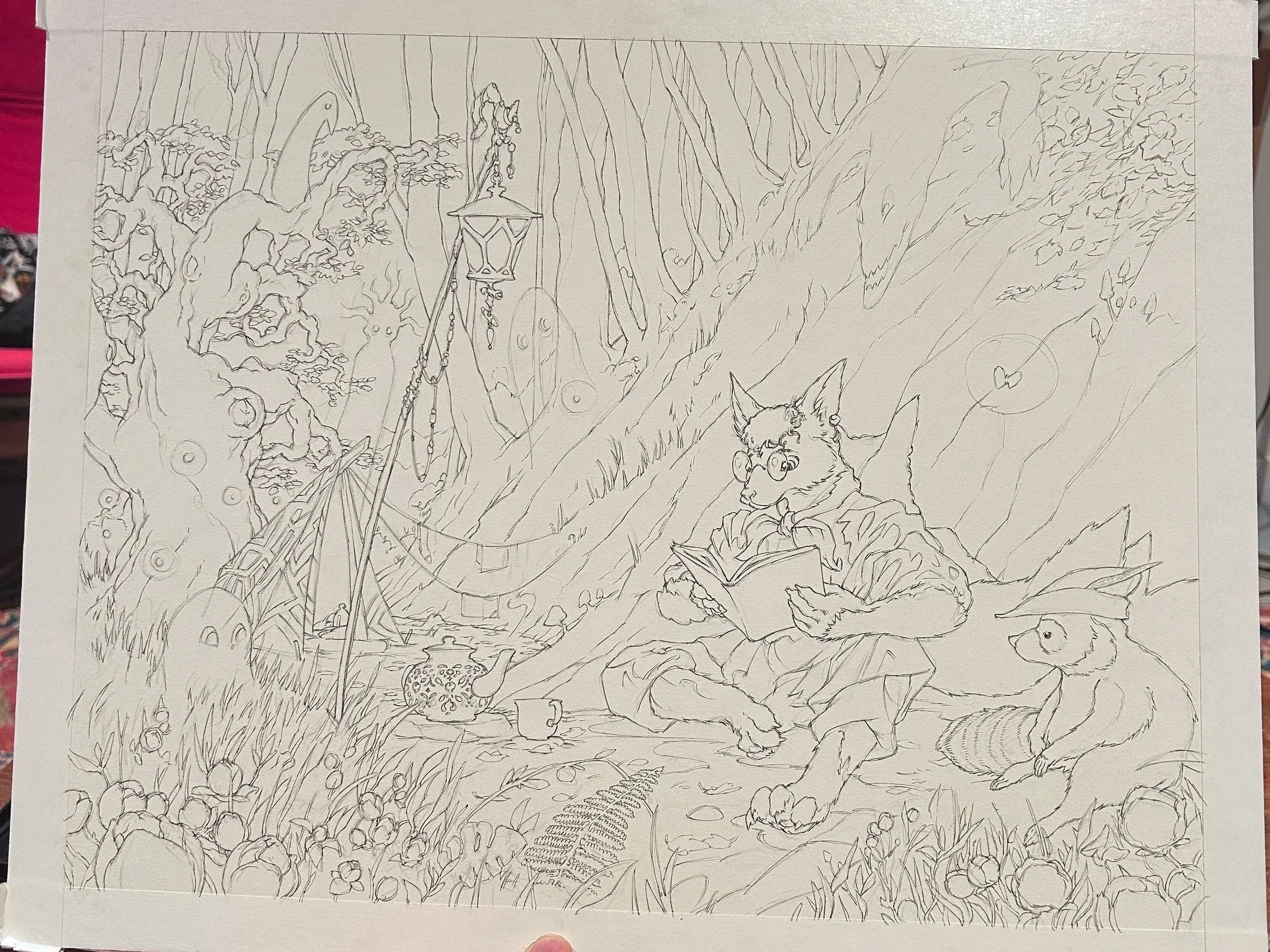 Ink line drawing of the coyote reading to a raccoon, transferred to illustration board.