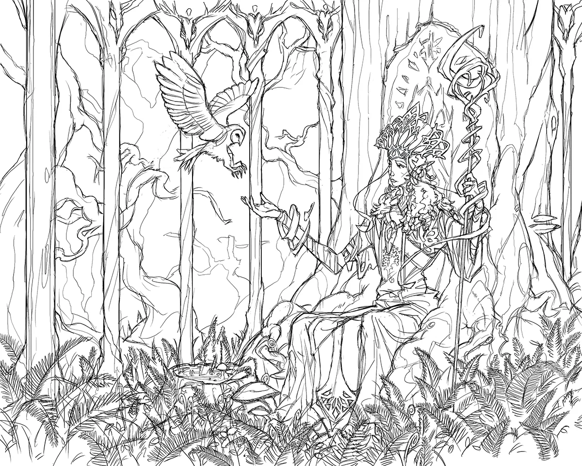 Detailed digital line drawing of the mage with elaborate headdress, staff, and owl.