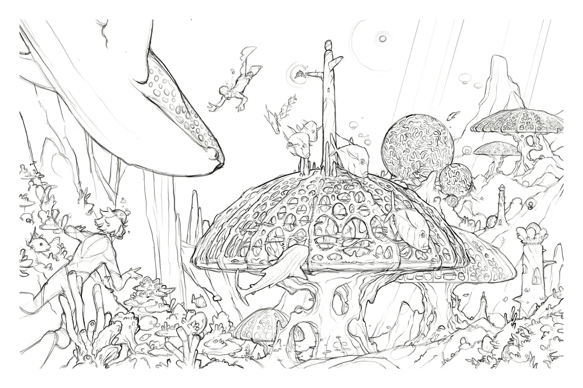 Detailed digital line drawing of the undersea temple city with whale, divers, and coral structures.