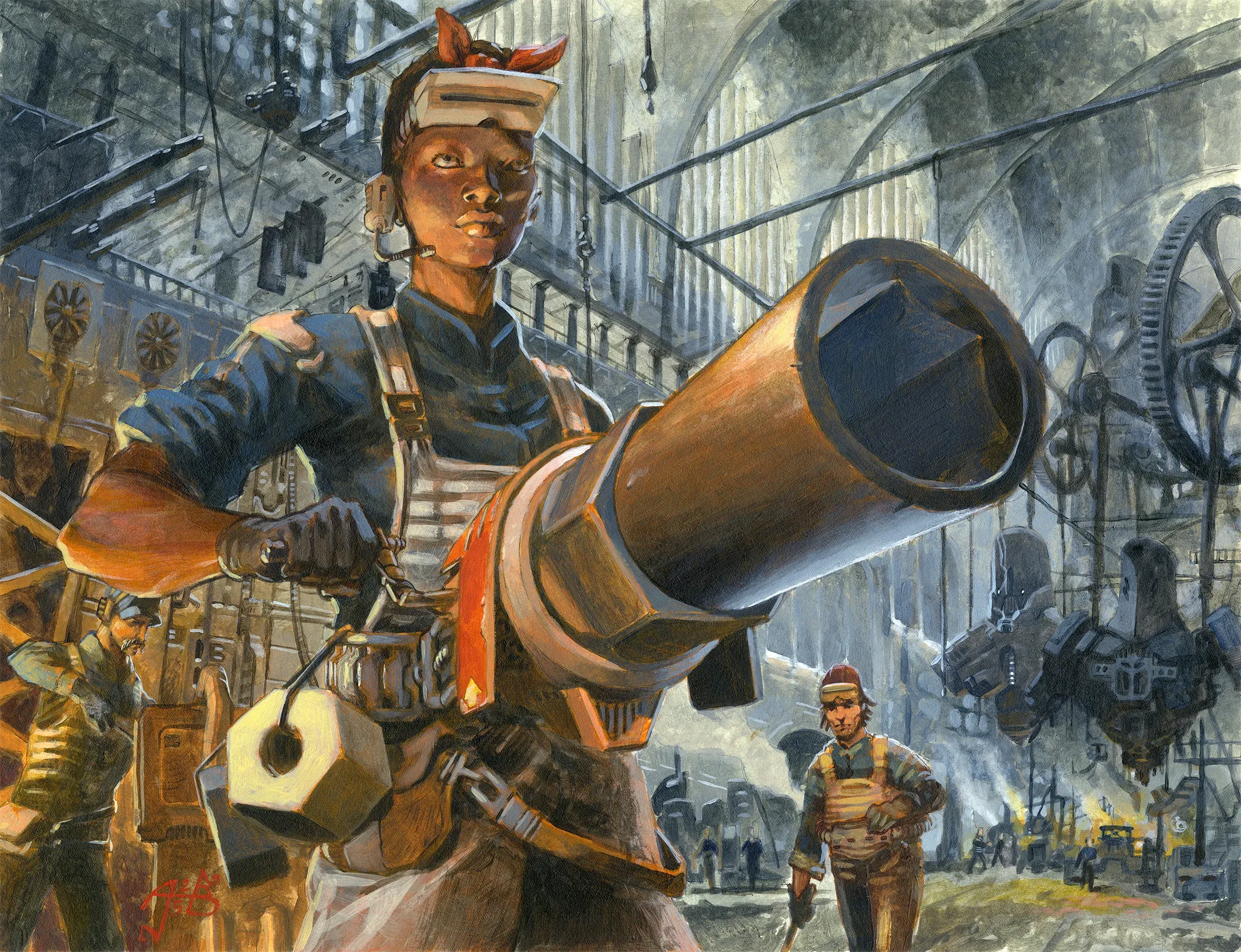 A futuristic Rosie the Riveter in a 19th century style factory.
