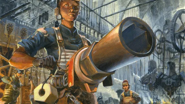 A futuristic Rosie the Riveter in a 19th century style factory.