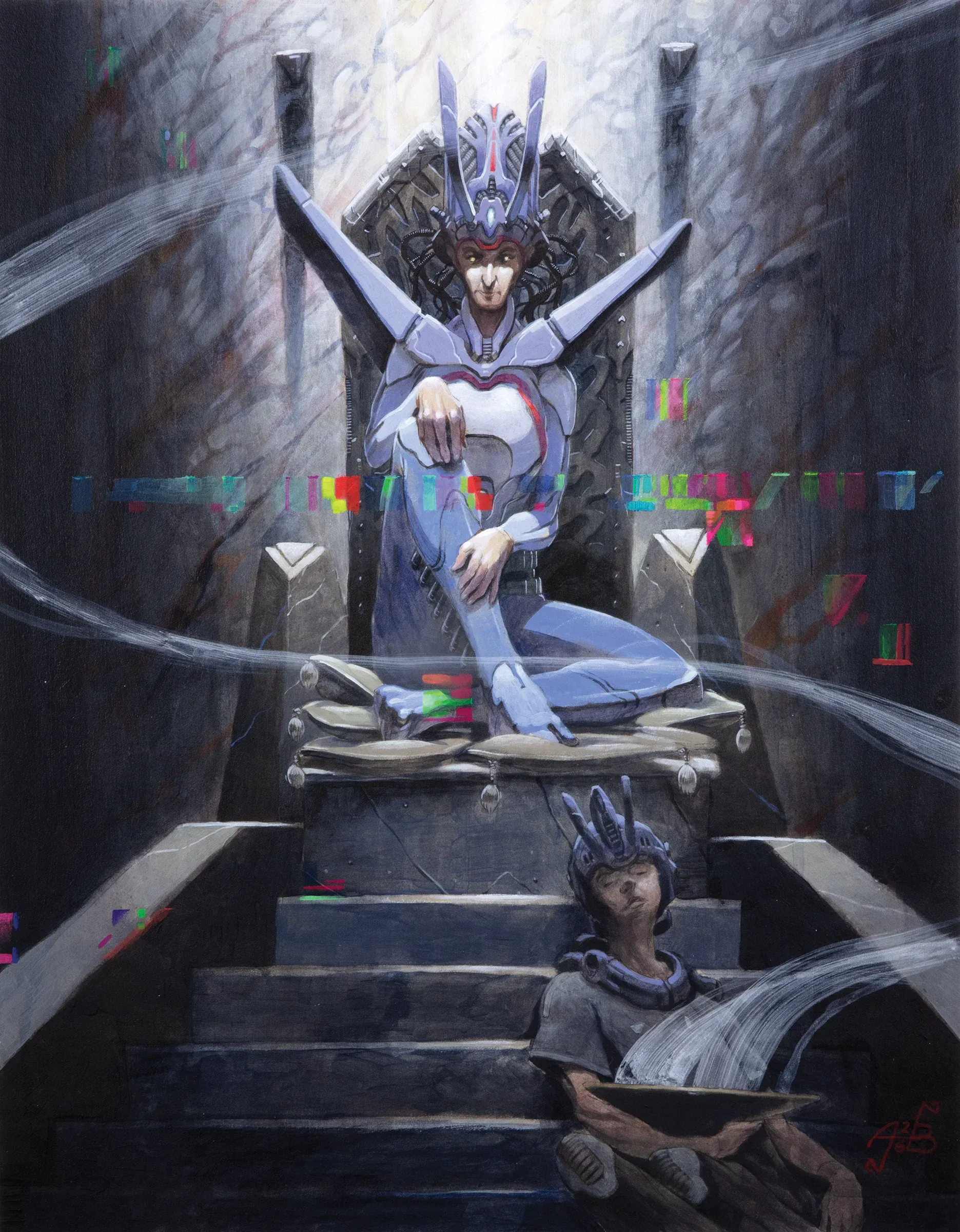 A futuristic figure in a tall crown sits on a spot lit throne.