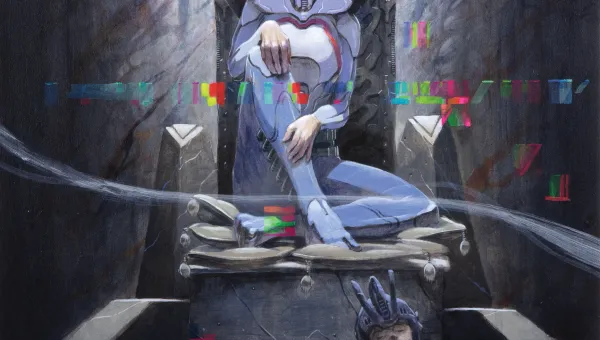 A futuristic figure in a tall crown sits on a spot lit throne.