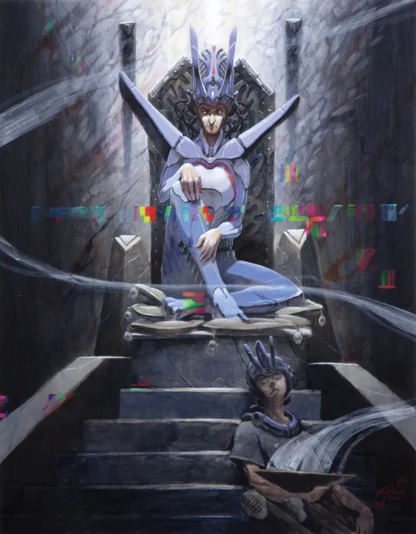 A futuristic figure in a tall crown sits on a spot lit throne.