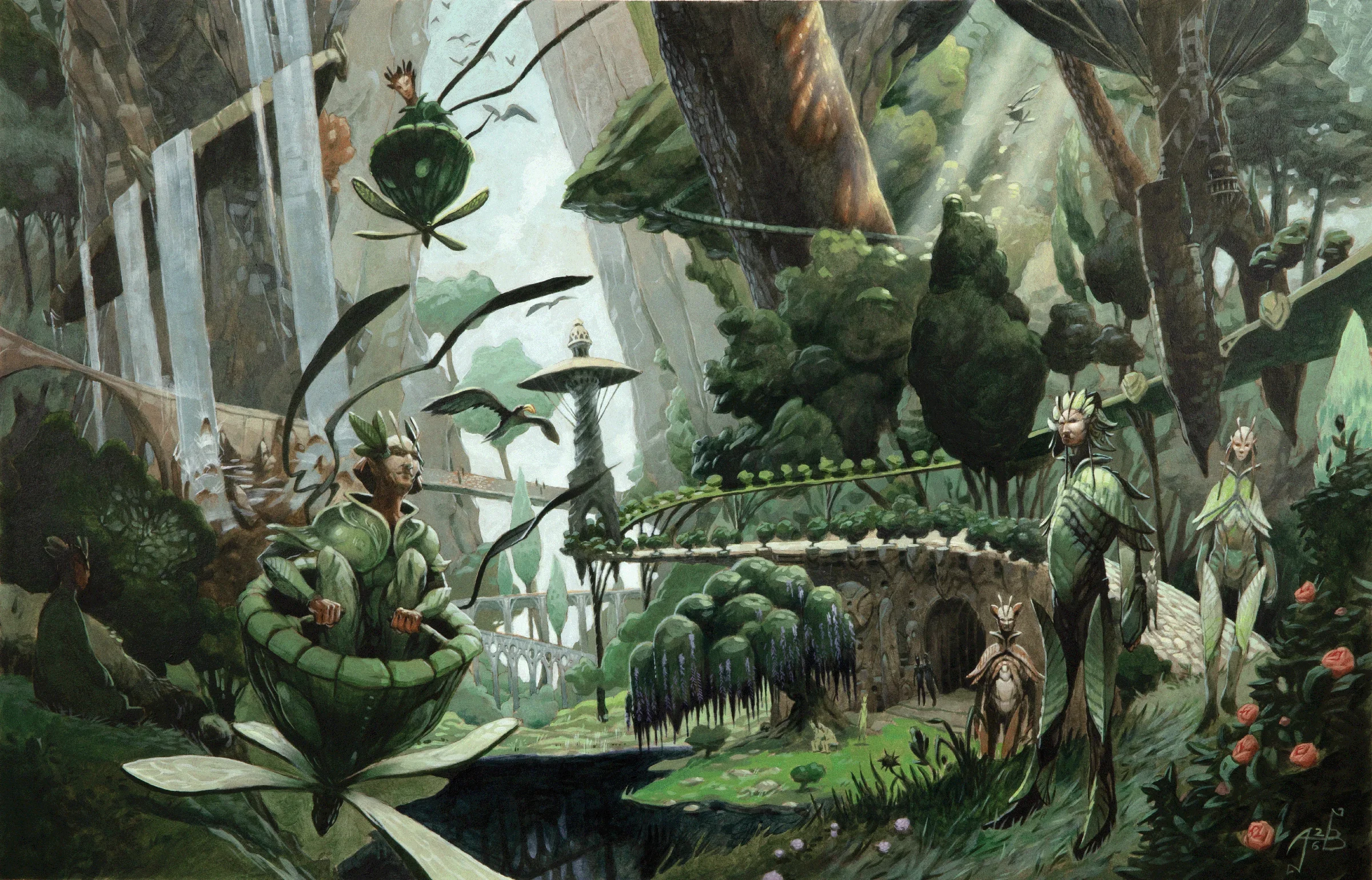 A panoramic forest scene in a deep valley or canyon. Leaf-clad forest dryad creatures stand observing the viewer, while other creatures glide down in propeller gliders.