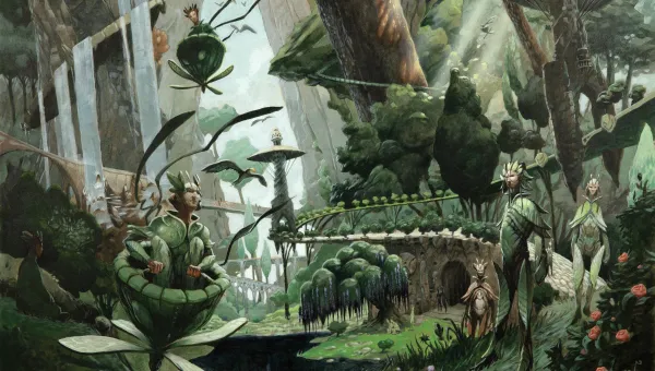 A panoramic forest scene in a deep valley or canyon. Leaf-clad forest dryad creatures stand observing the viewer, while other creatures glide down in propeller gliders.