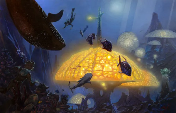 An underwater landscape with lots of swimming fish and whales. Large mushroom-like coral structures glow yellow in the blue water.