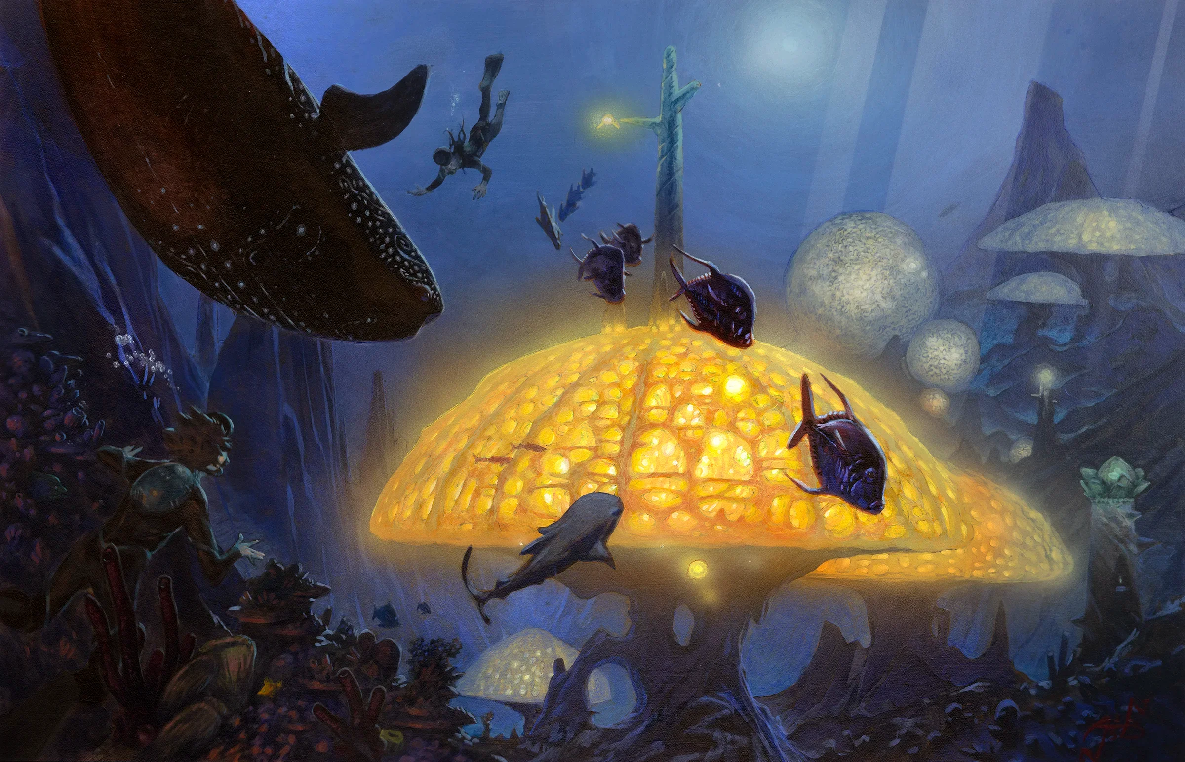 An underwater landscape with lots of swimming fish and whales. Large mushroom-like coral structures glow yellow in the blue water.