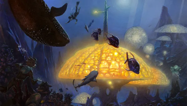 An underwater landscape with lots of swimming fish and whales. Large mushroom-like coral structures glow yellow in the blue water.