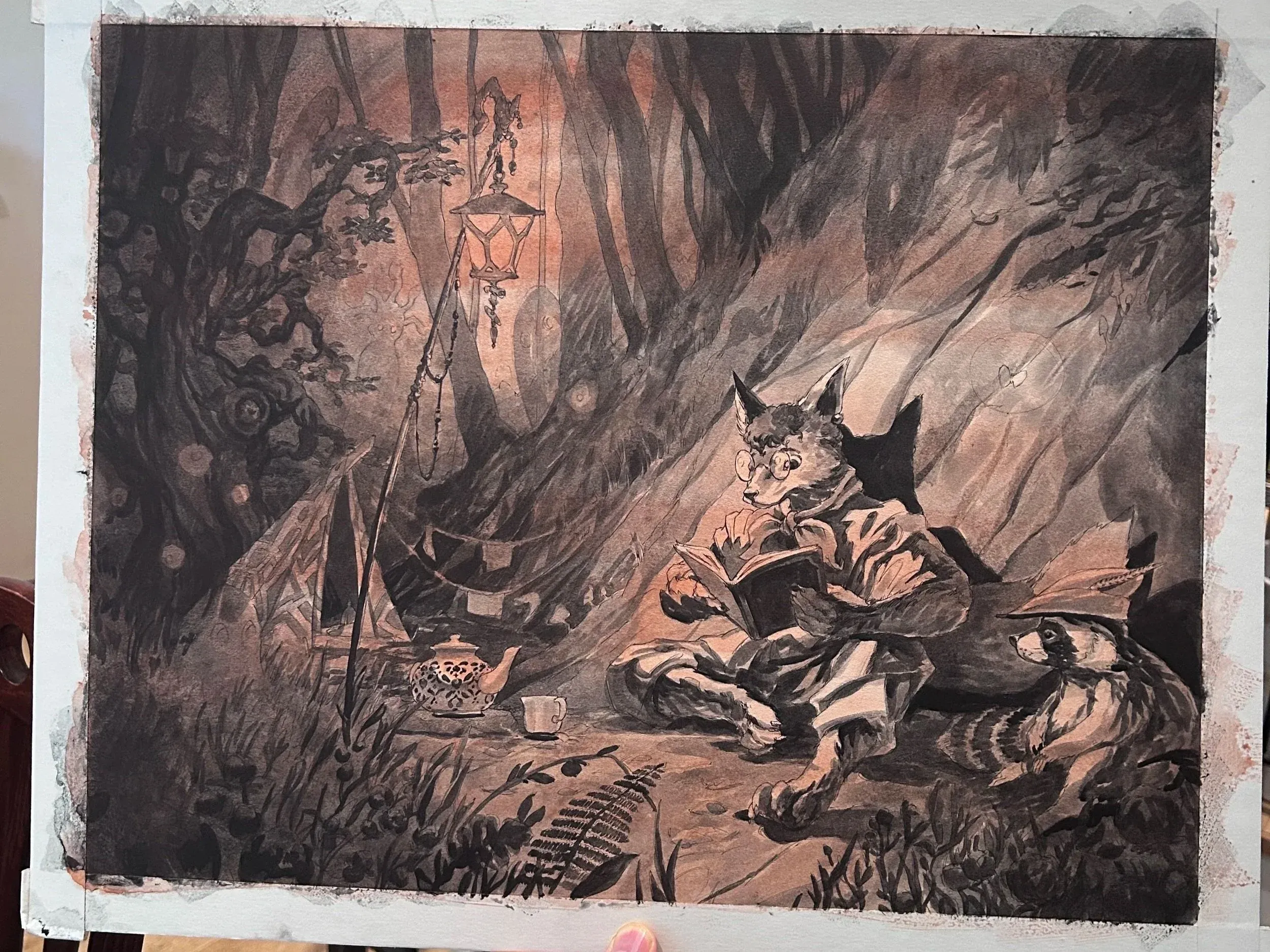 Early paint stage — monochrome underpainting.