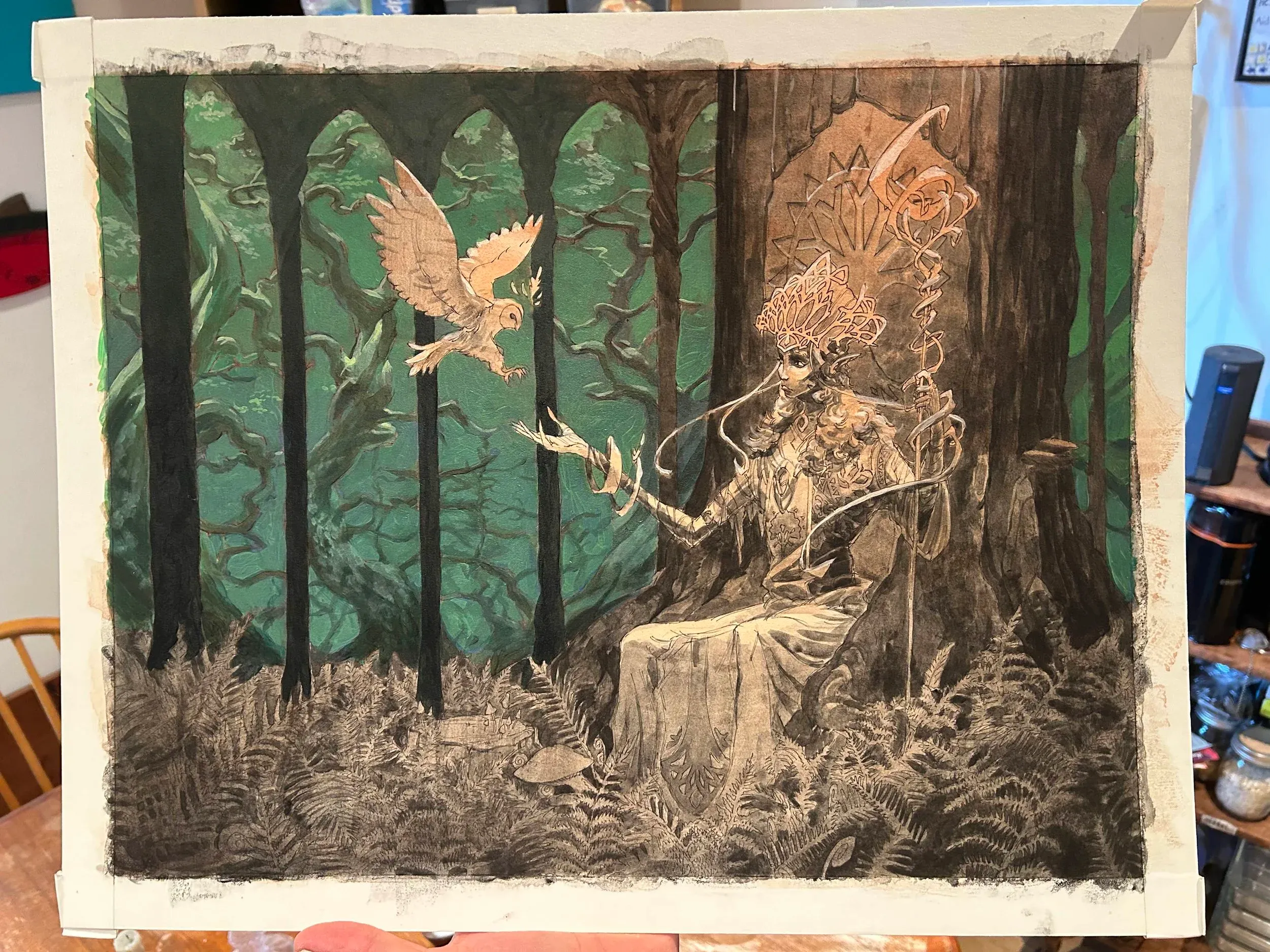 Early paint stage — black and white value pass over the burnt sienna wash.