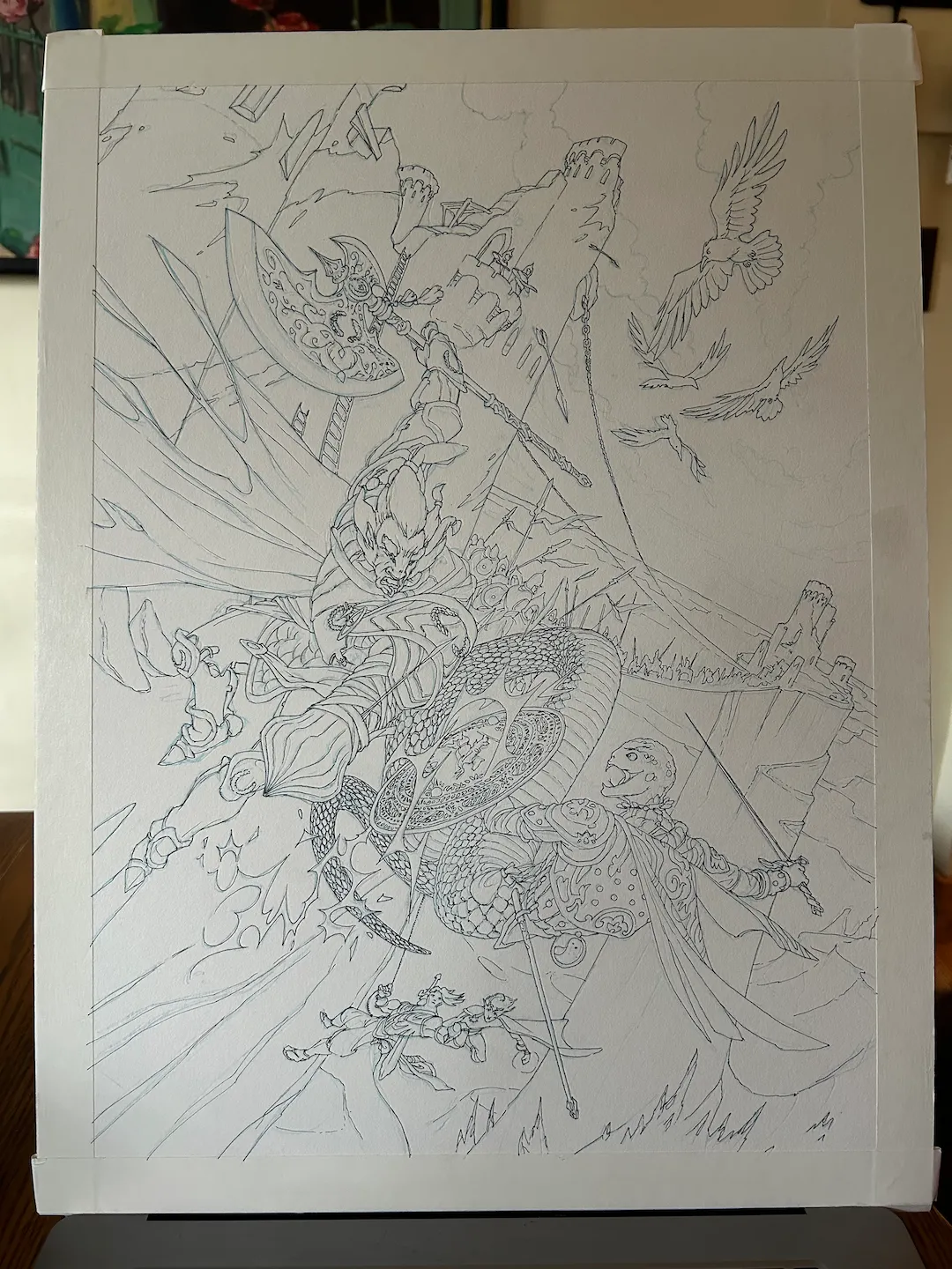 A detailed fantasy battle scene featuring warriors and flying birds, set against a castle and mountainous background.