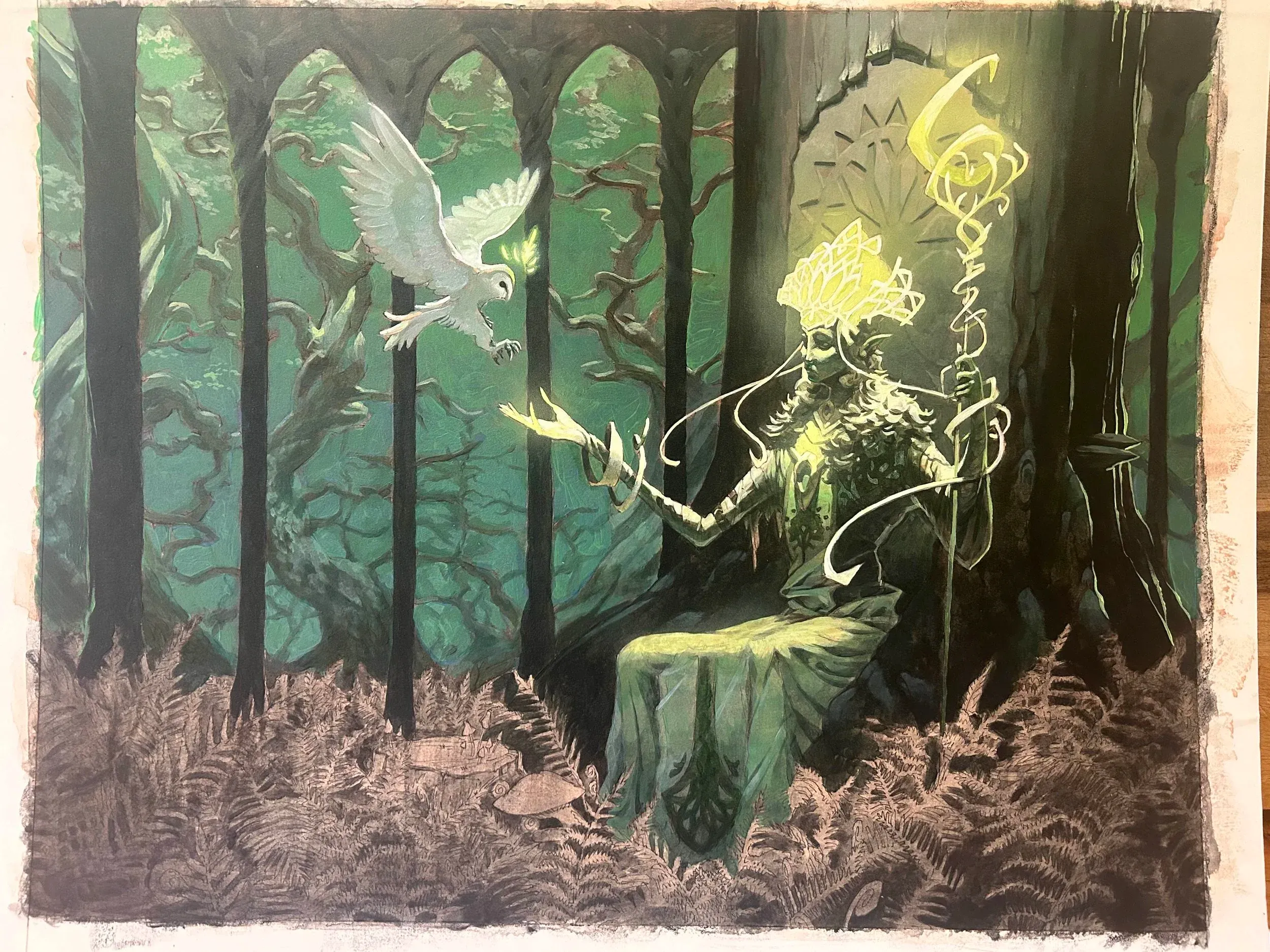 Mid paint stage — green palette being built up.