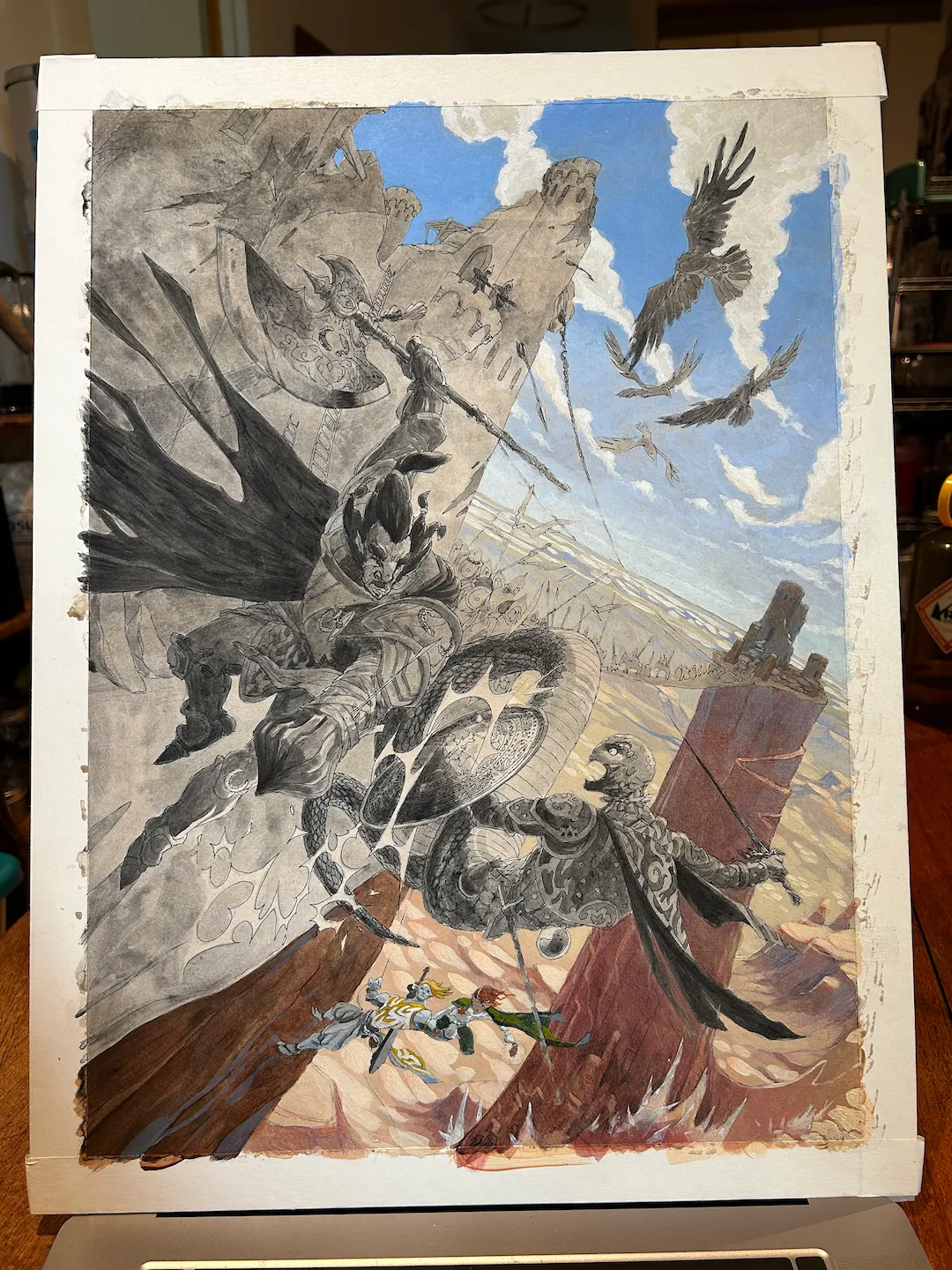 A partially finished fantasy battle painting with armored warriors fighting on a rocky landscape, flying birds, and a castle in the background.