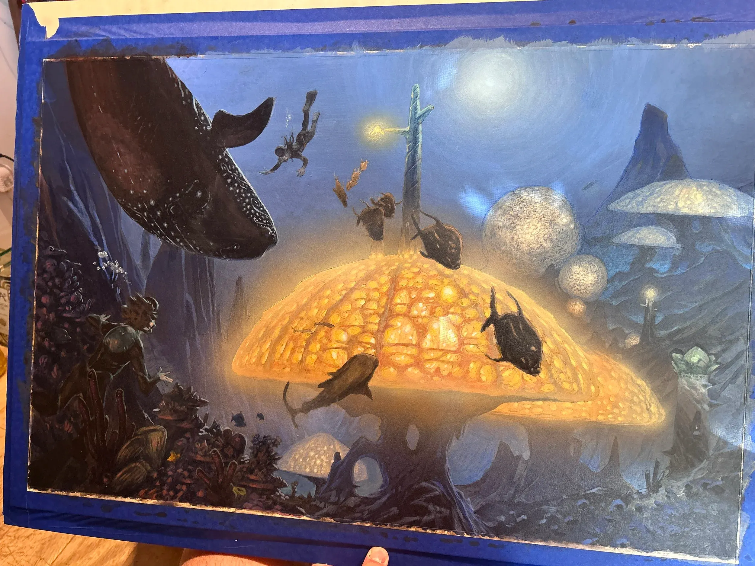 Near-final paint stage — glowing structures and marine life taking shape.