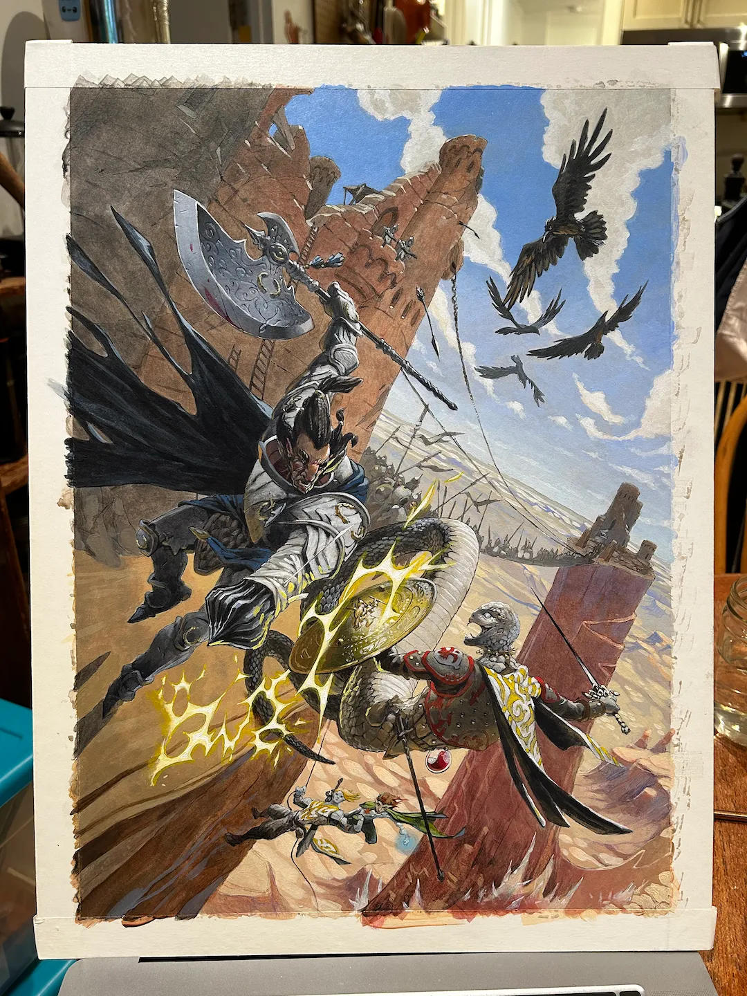 A fantasy battle painting with armored warriors fighting on a rocky landscape, flying birds, and a castle in the background.