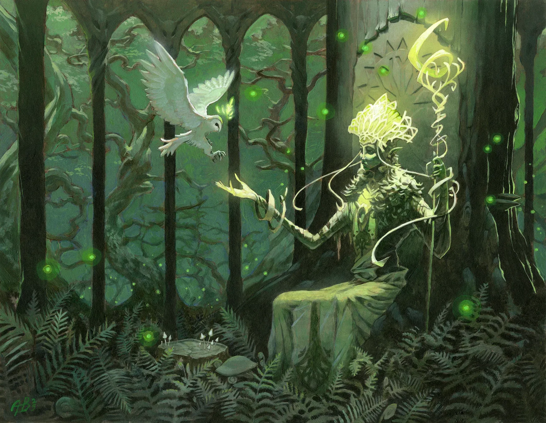 A mystical forest scene with a magical female figure sitting on a tree, surrounded by ferns and mushrooms, holding a staff with glowing symbols. She wears an elaborate headdress and has plant-like features. An owl is flying in front of her.