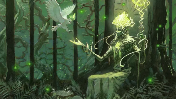 A mystical forest scene with a magical female figure sitting on a tree, surrounded by ferns and mushrooms, holding a staff with glowing symbols. She wears an elaborate headdress and has plant-like features. An owl is flying in front of her.
