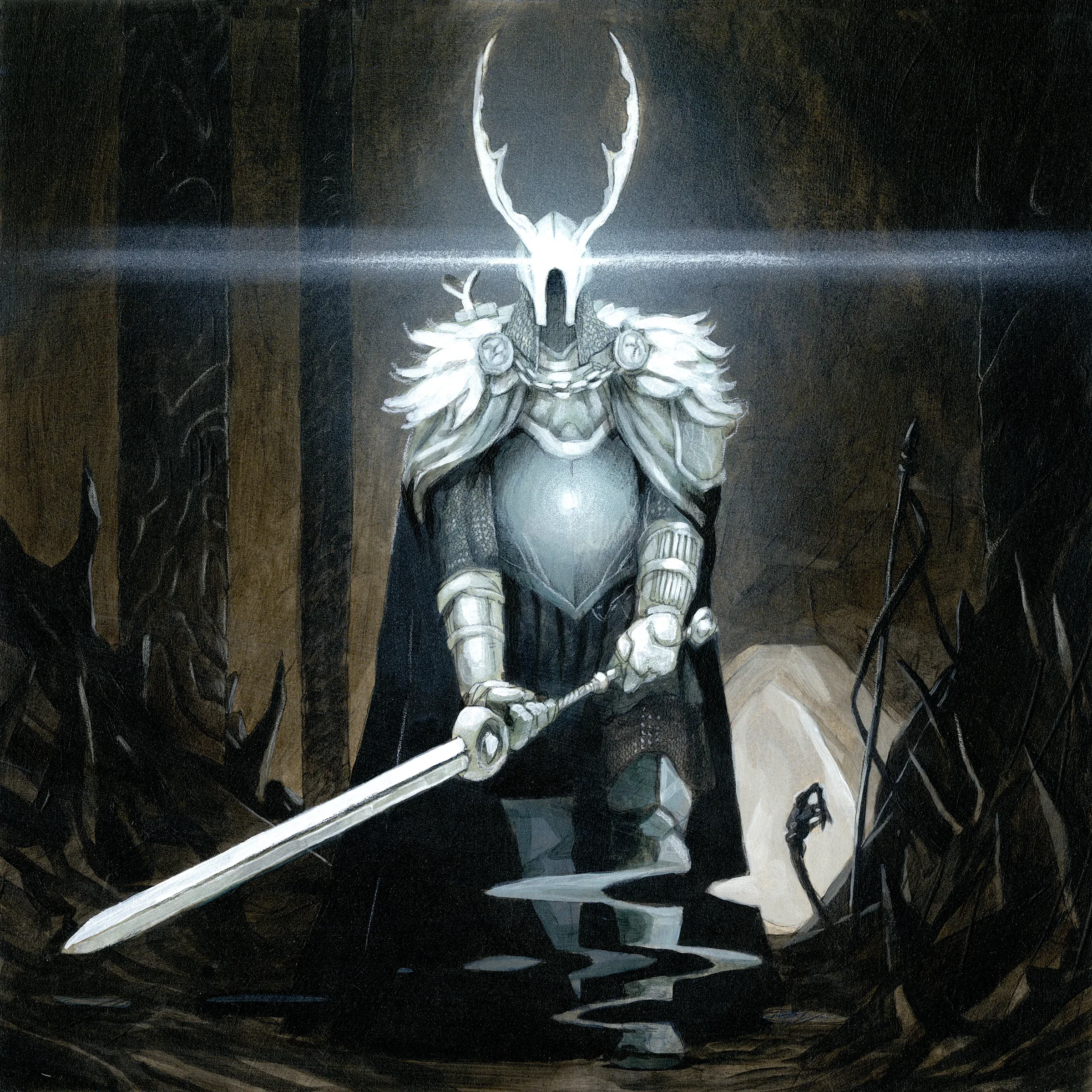 A ghostly, barbaric-looking knight holding a greatsword in a sinister cave.