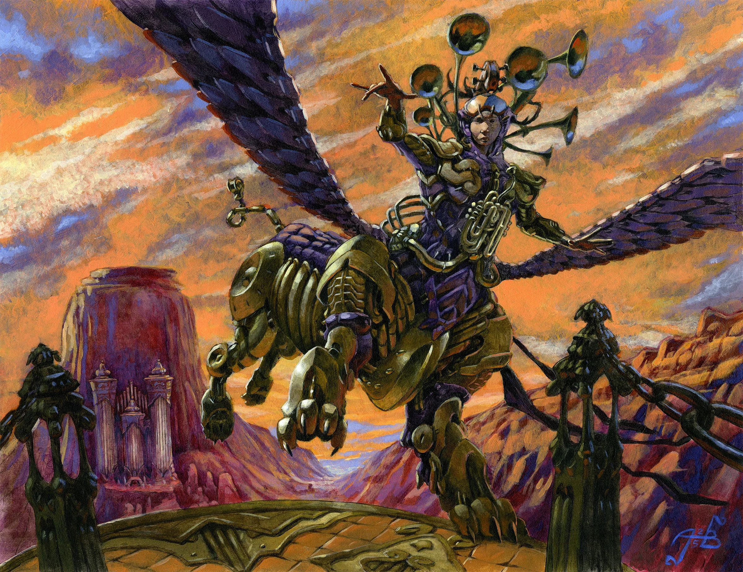 A mystical forest scene with a magical female figure sitting on a tree, surrounded by ferns and mushrooms, holding a staff with glowing symbols. She wears an elaborate headdress and has plant-like features. An owl is flying in front of her.