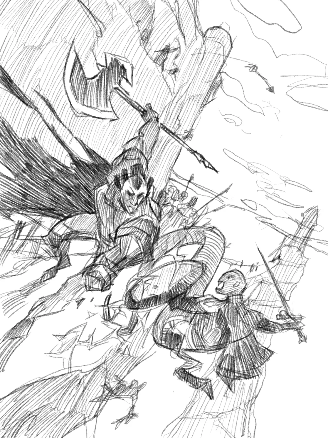 Sketch of two warriors battling as they plummet down a cliff.