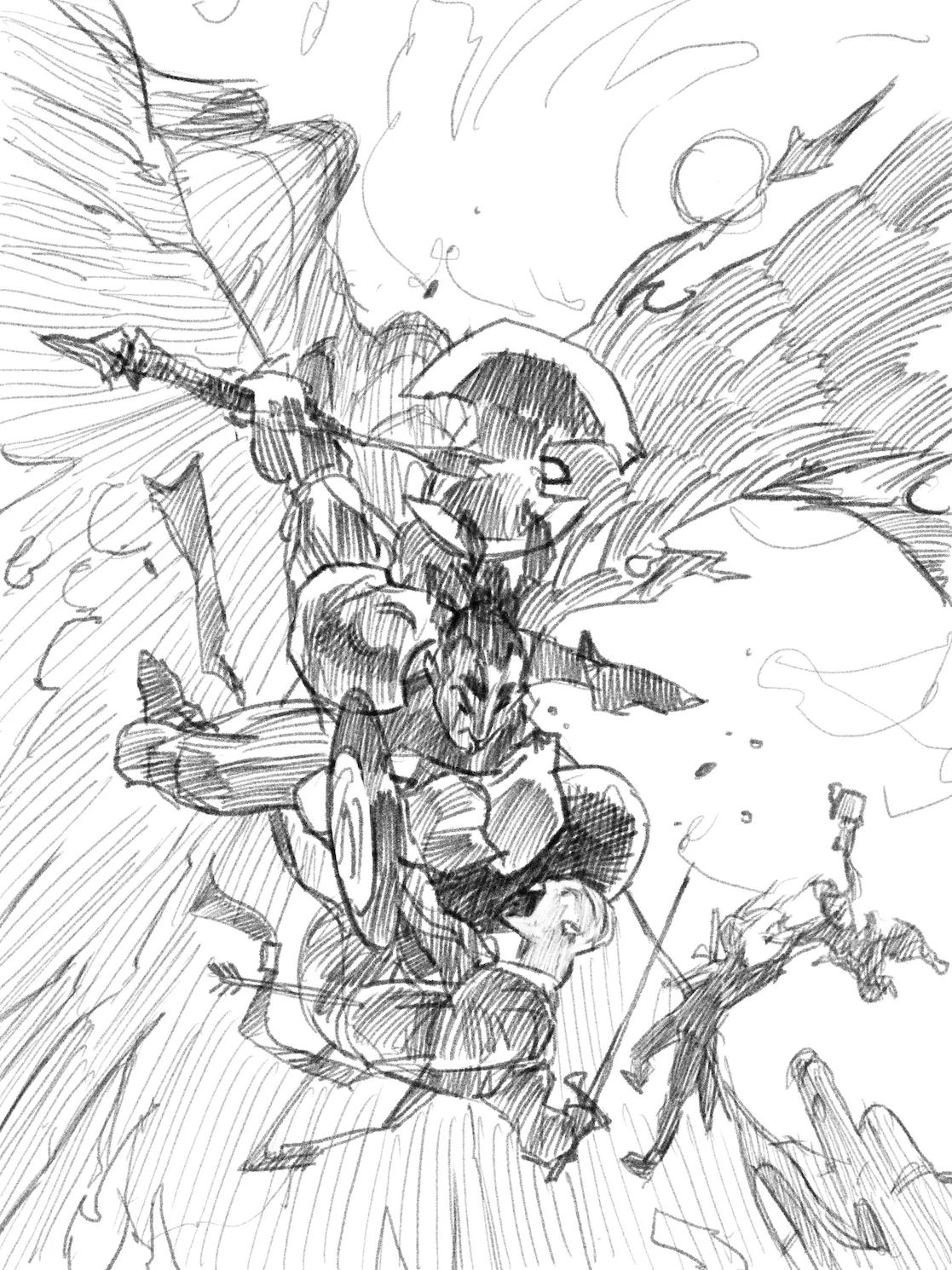 Sketch of two warriors battling near a cliff with a castle in the background.