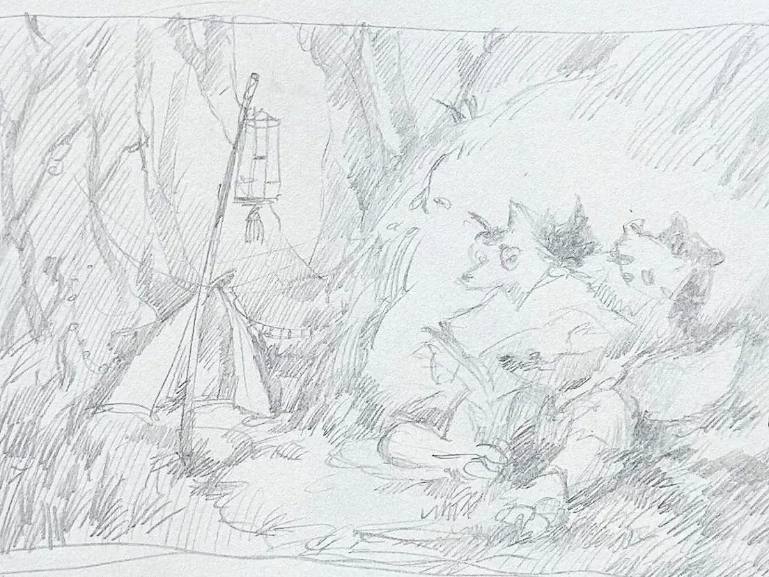 Thumbnail sketch option 2 — coyote reading at a forest camp.