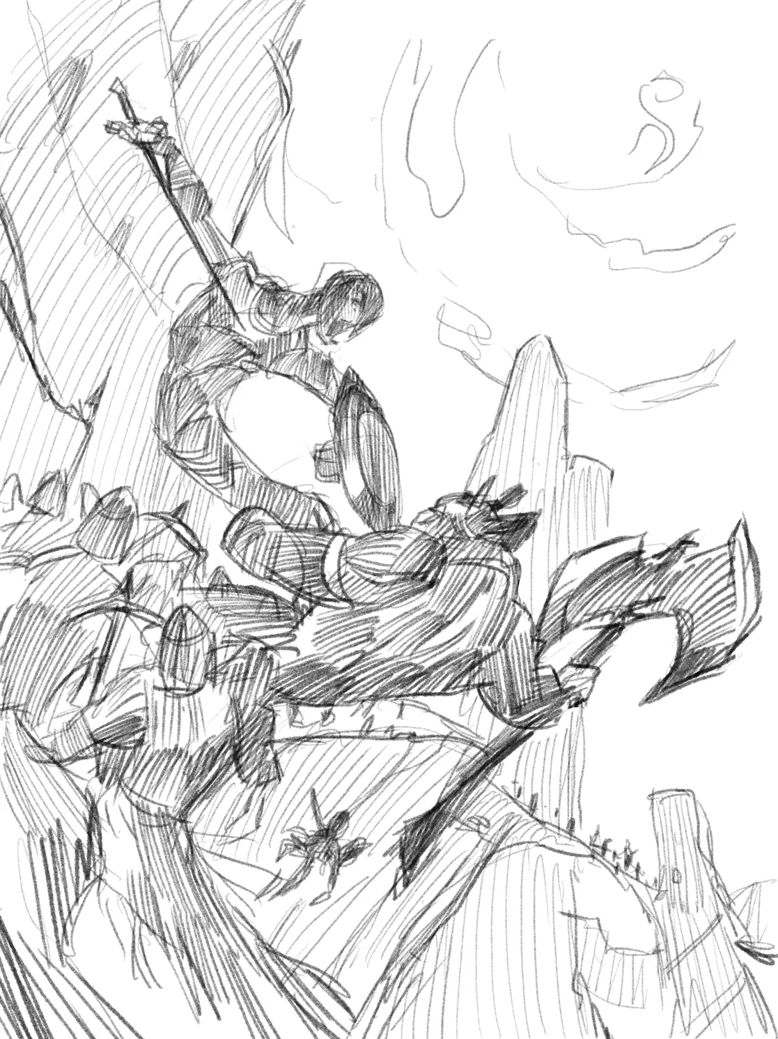 A snake knight rearing up about to stab another warrior with a castle in the background.