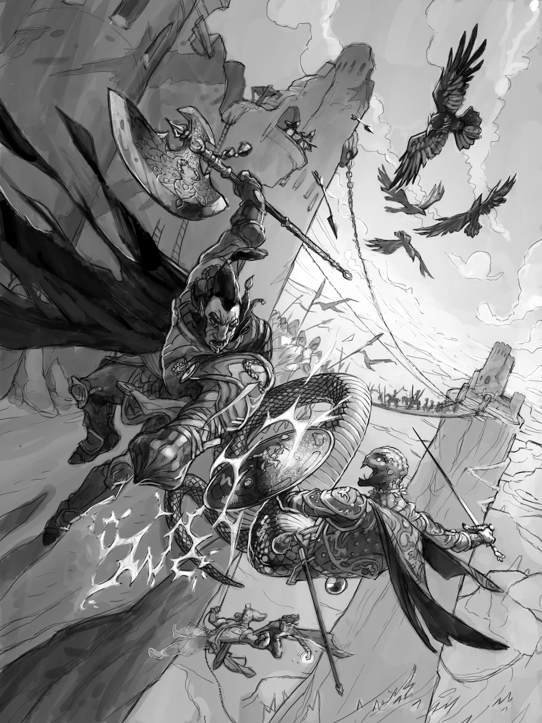 A detailed fantasy battle scene featuring warriors and flying birds, set against a castle and mountainous background.