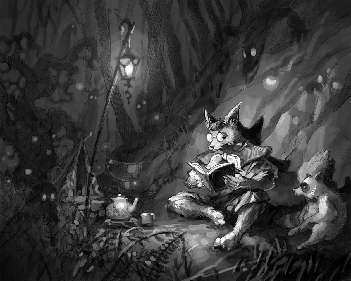 Black and white value study of the forest camp scene.